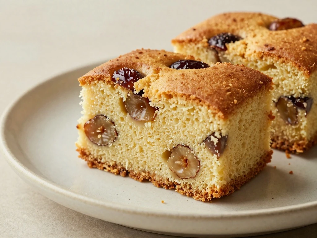 Slices of tender homemade moist date cake on a serving plate