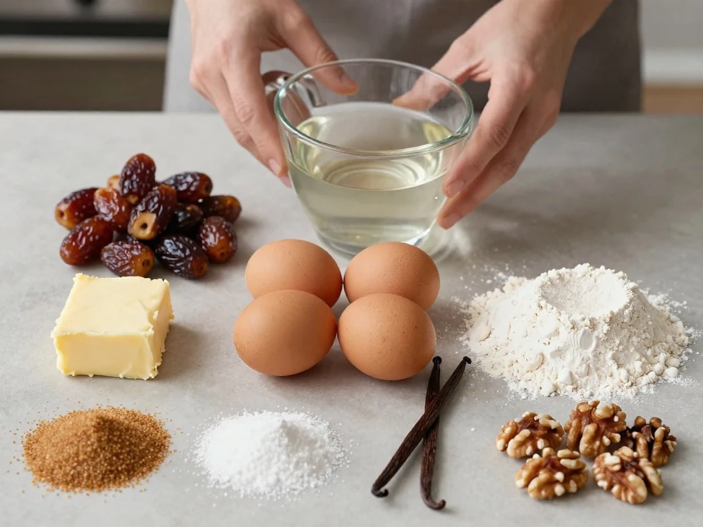 Ingredients for moist date cake arranged on a countertop