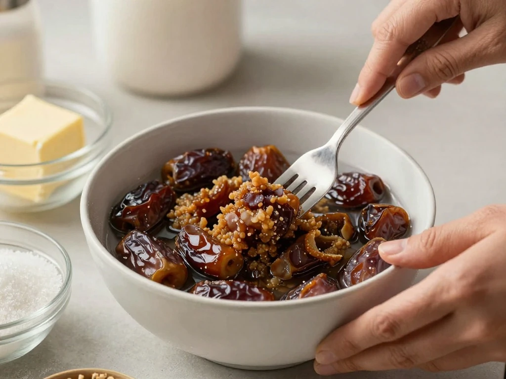 Softened dates being prepared for a moist date cake