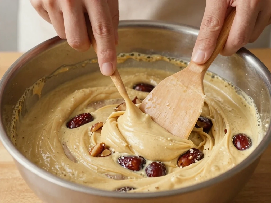 Date cake batter being gently folded before baking