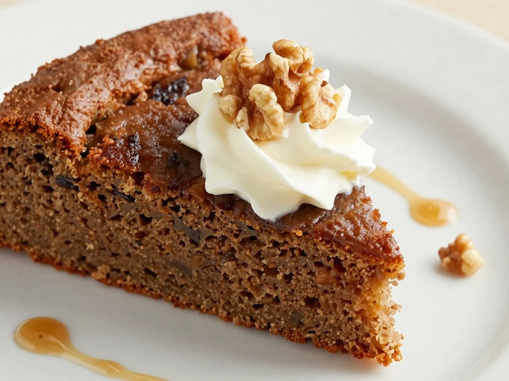 Warm date cake slice with whipped cream, walnuts, and toffee sauce
