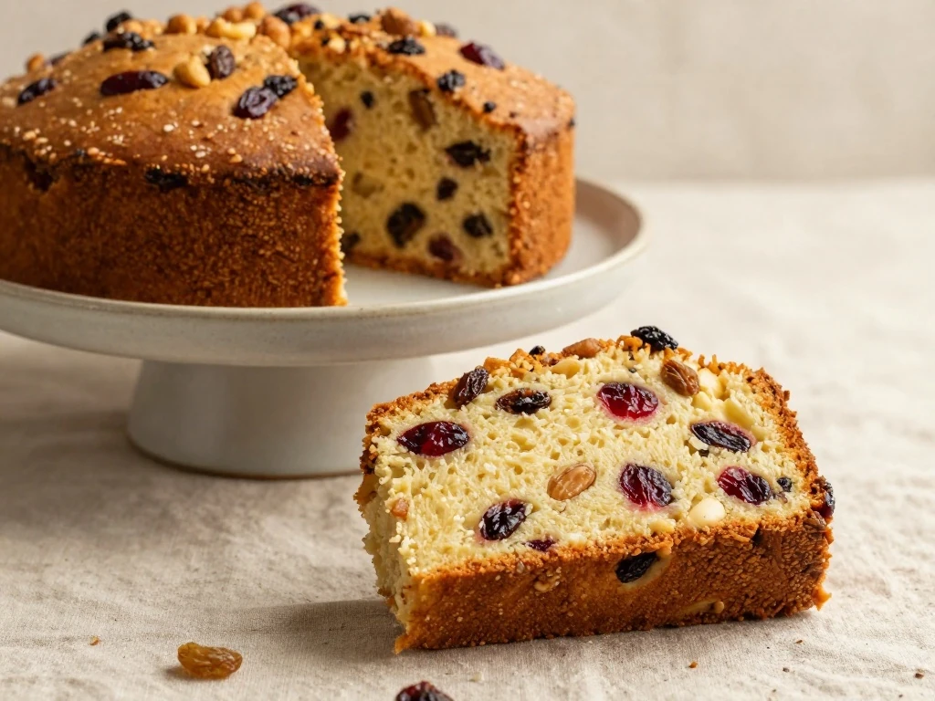 Slice of moist fruit cake showing plump dried fruit and a tender crumb