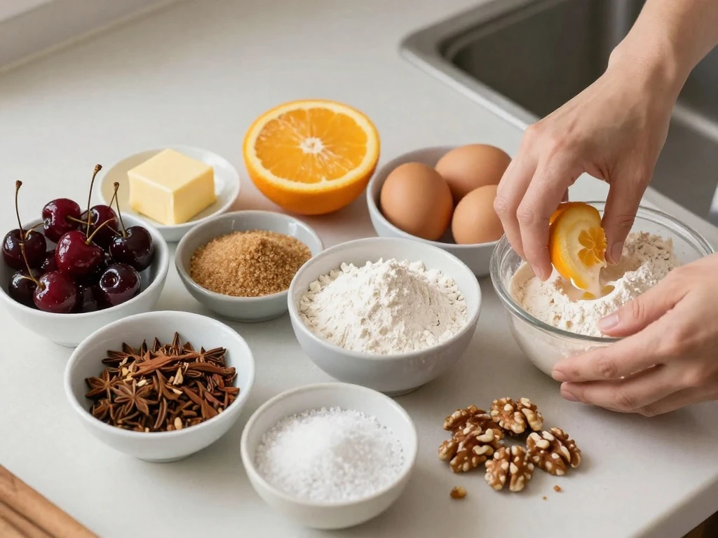 Measured ingredients for a boiled fruit cake recipe