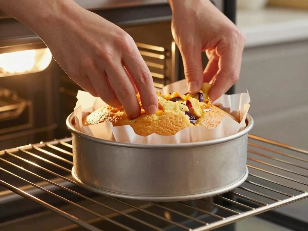Fruit cake baking slowly in a lined deep round cake tin