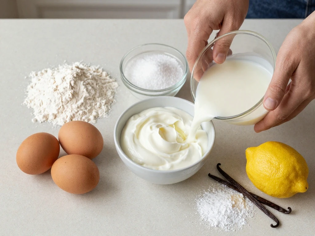 Ingredients for an easy moist Greek yogurt cake