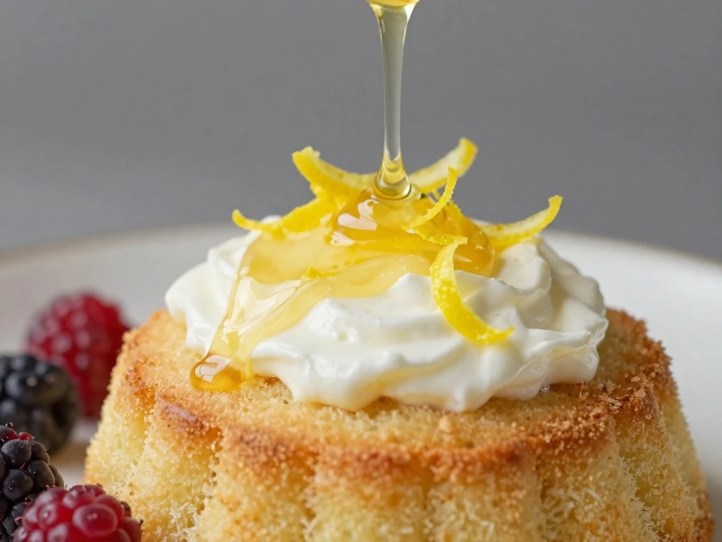 Lemon glaze drizzled over Greek yogurt cake
