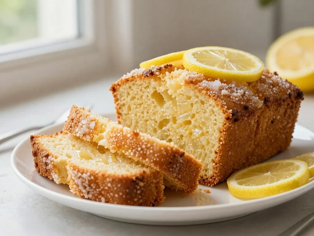 Sliced moist lemon drizzle loaf cake with a golden crust
