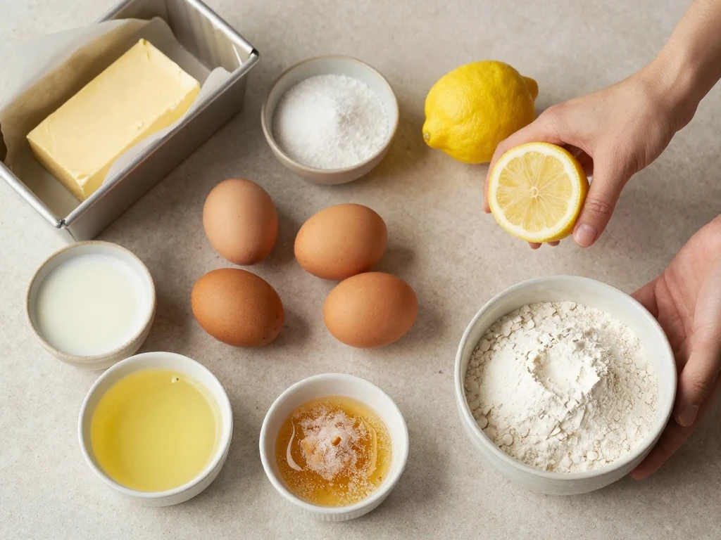 Ingredients for moist lemon cake arranged for baking