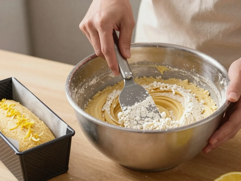 Folding flour into lemon cake batter before baking