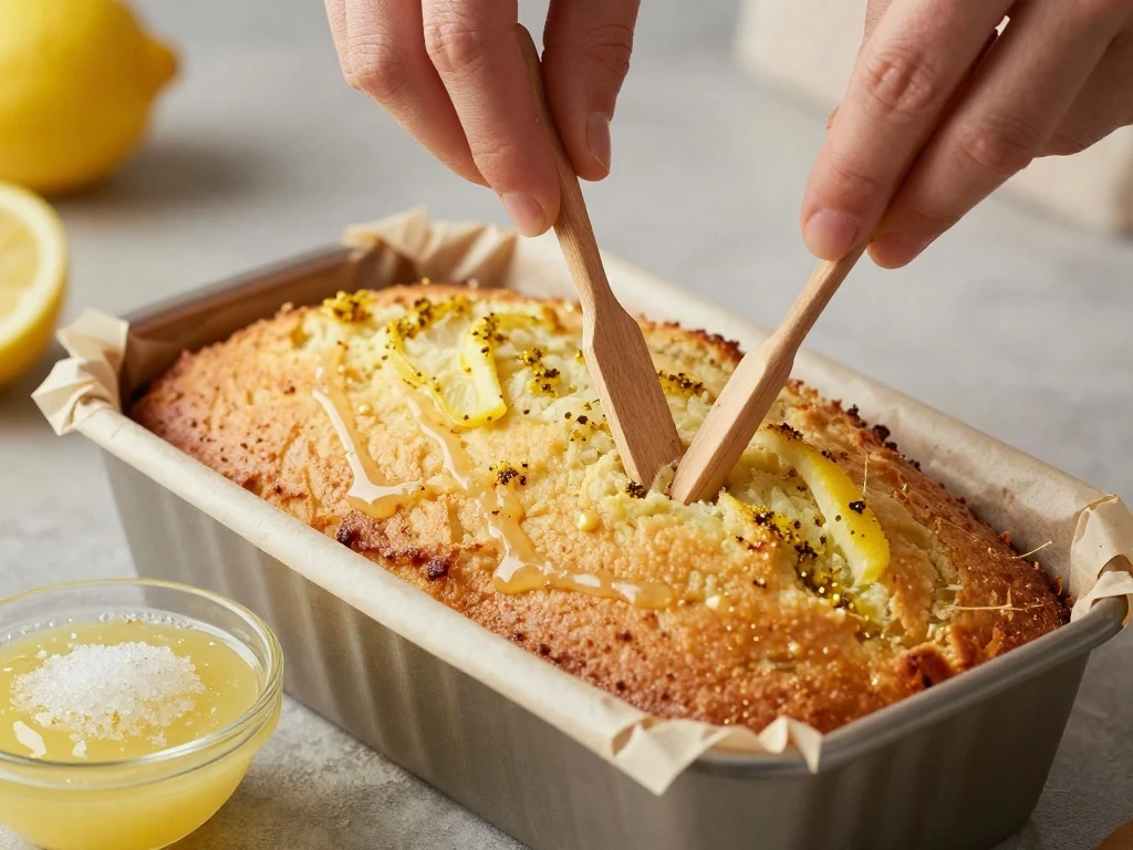 Piercing warm lemon cake before adding the drizzle