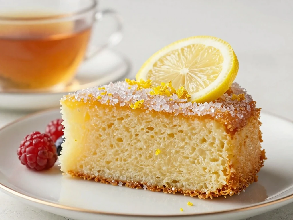 Lemon cake slice served with tea, berries, and lemon garnish