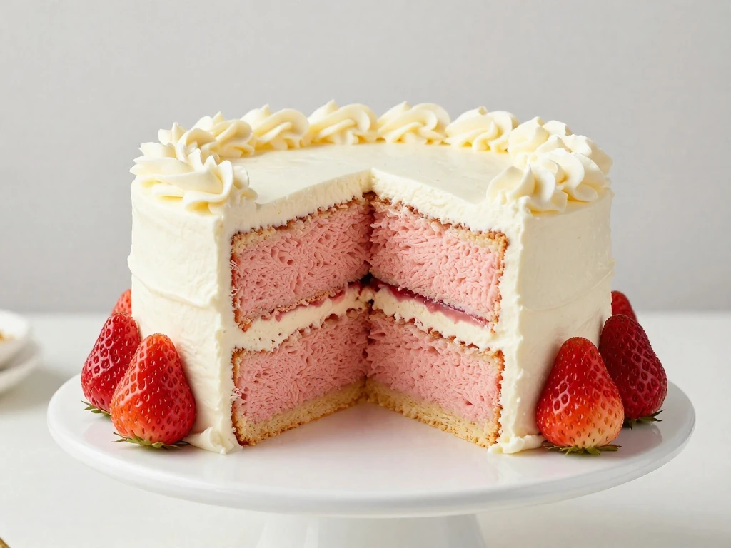 Moist two-layer strawberry cake with cream-cheese frosting and a tender pink crumb