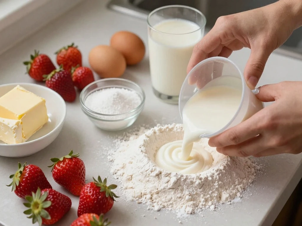 Ingredients for a fresh strawberry cake with cream-cheese frosting
