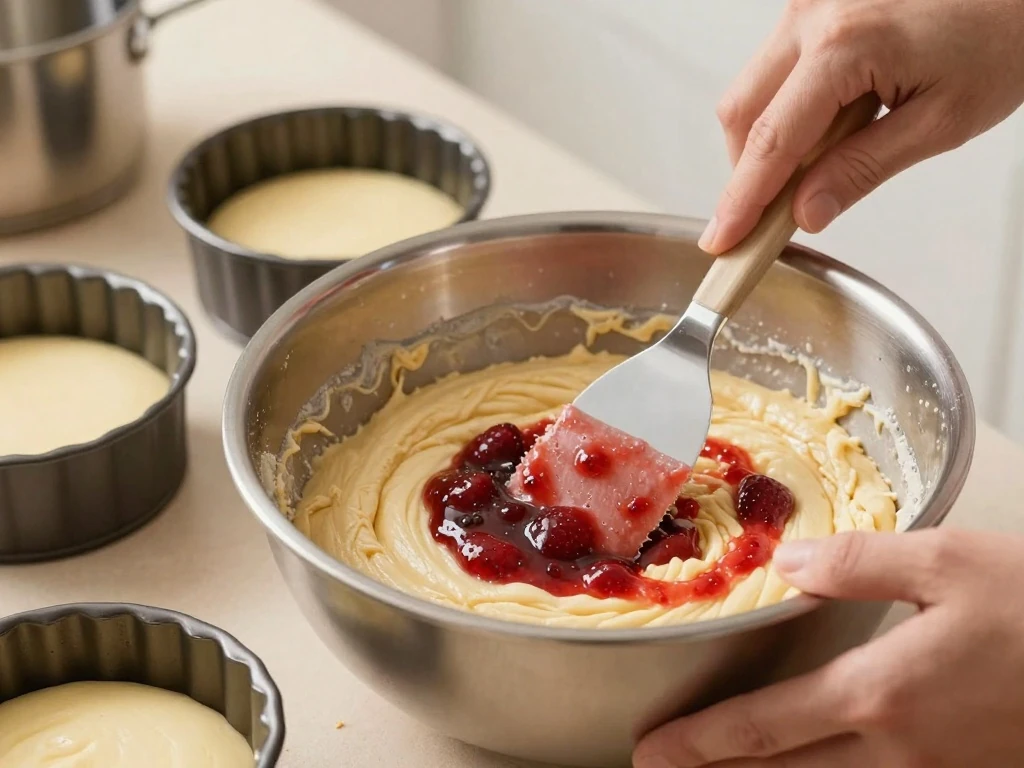 Folding reduced strawberry purée into cake batter