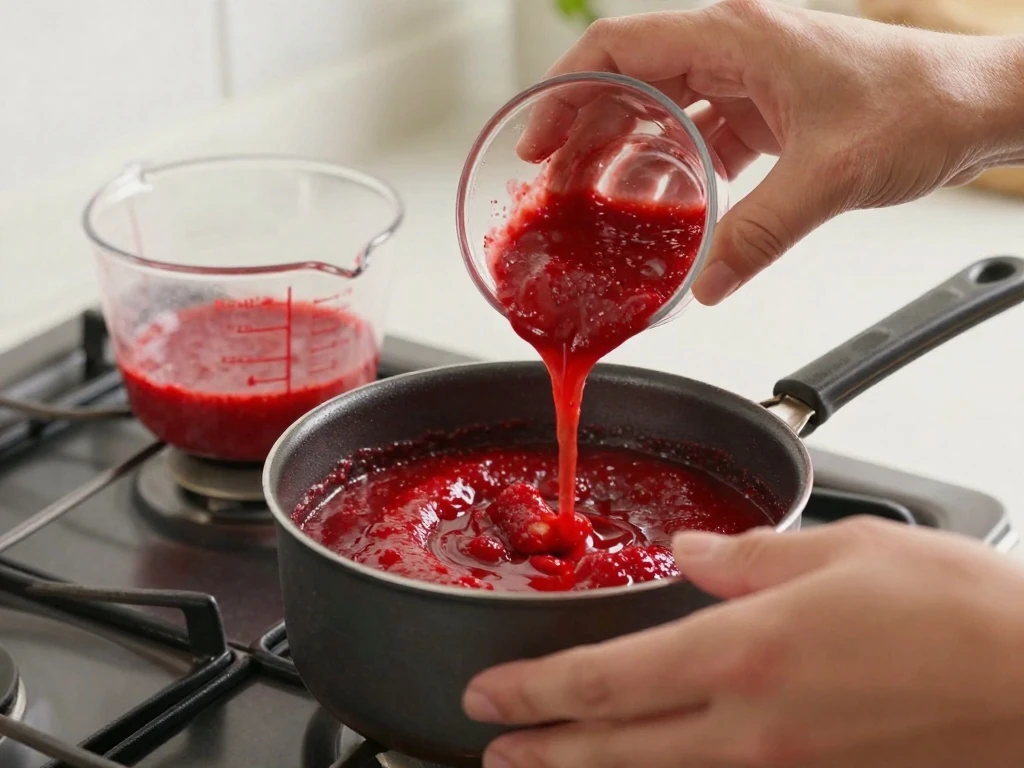 Strawberry purée reducing to concentrate flavor for cake