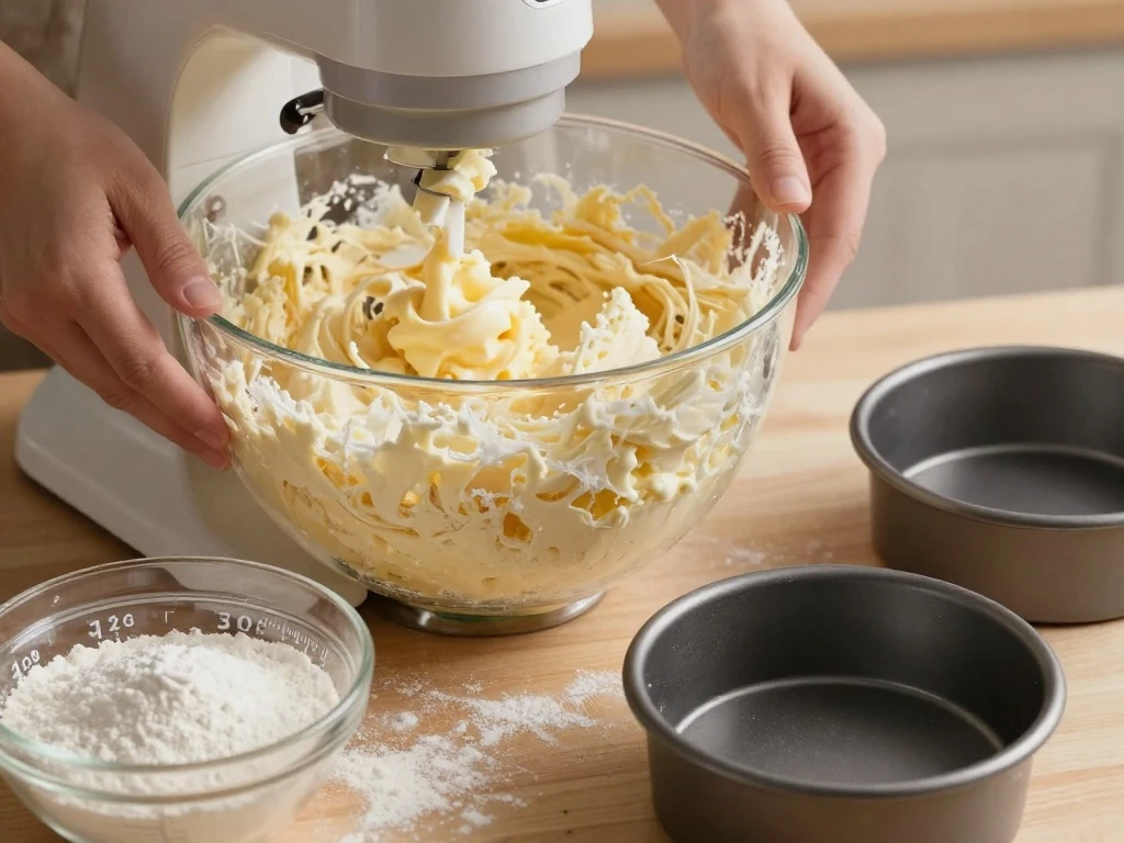 Preparing vanilla cake batter with creamed butter and sugar