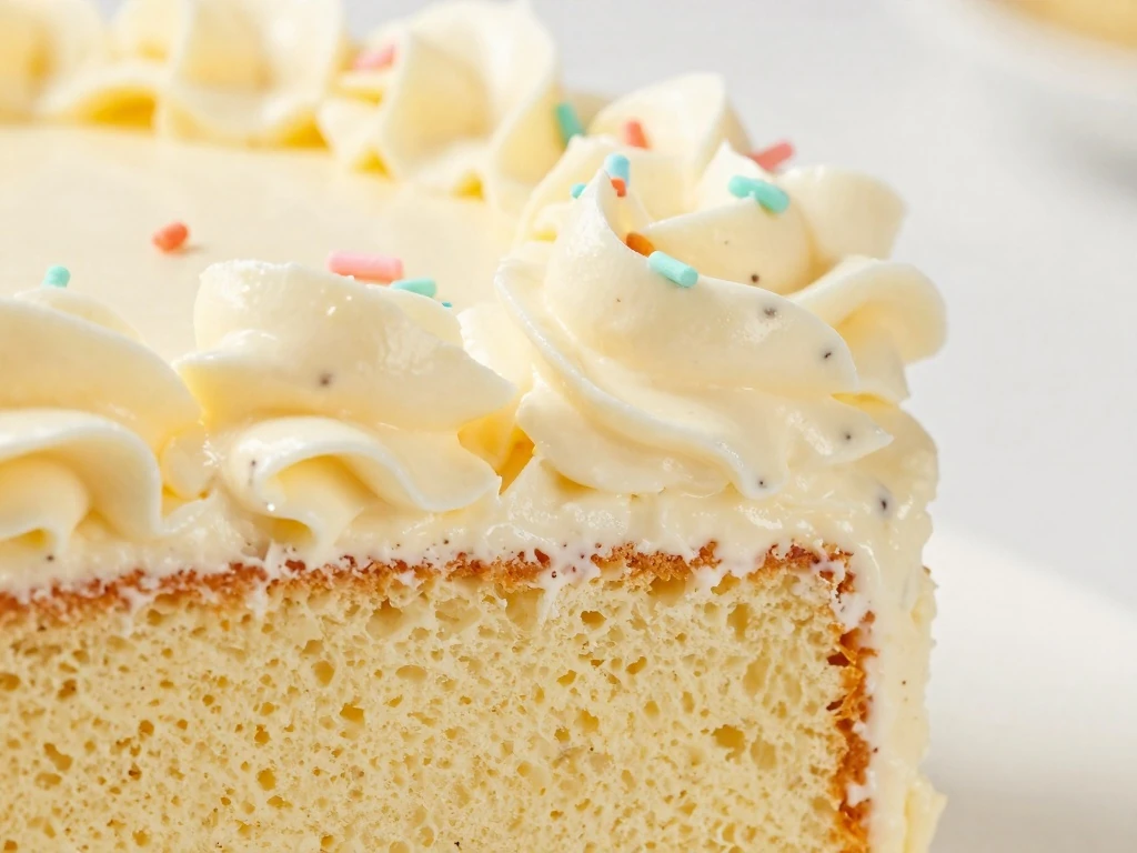Vanilla buttercream spread over a moist vanilla cake