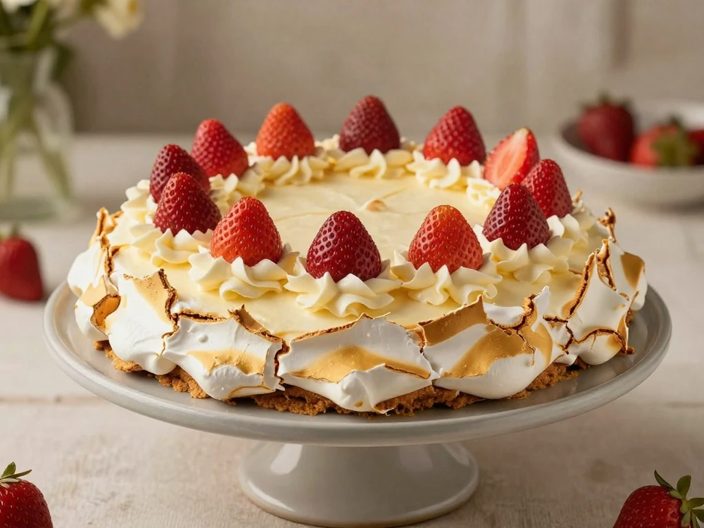 Whole authentic Mexican mostachón cake topped with strawberries