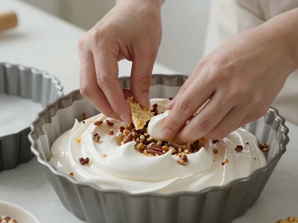 Folding crackers and pecans into mostachón meringue