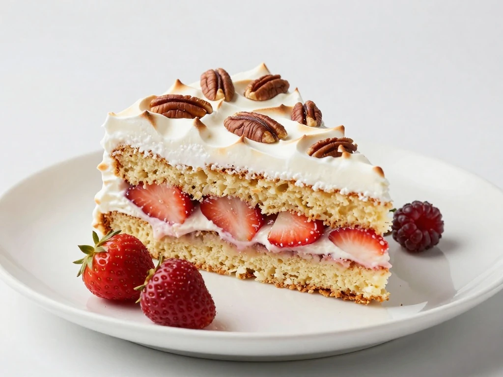Slice of Mexican mostachón cake with cream and strawberries