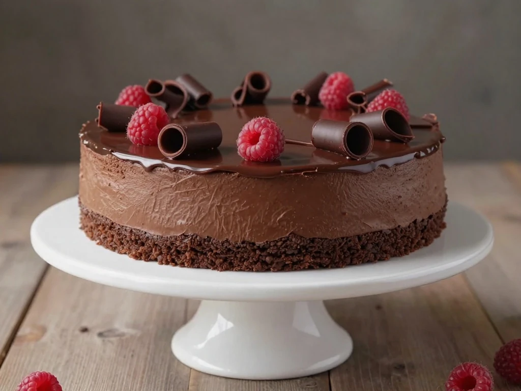 Chocolate mousse cake with brownie base, ganache, chocolate curls, and raspberries