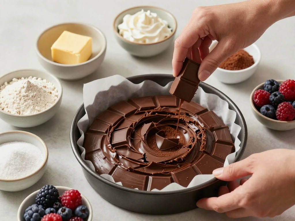 Ingredients for a chocolate mousse cake arranged around a springform pan