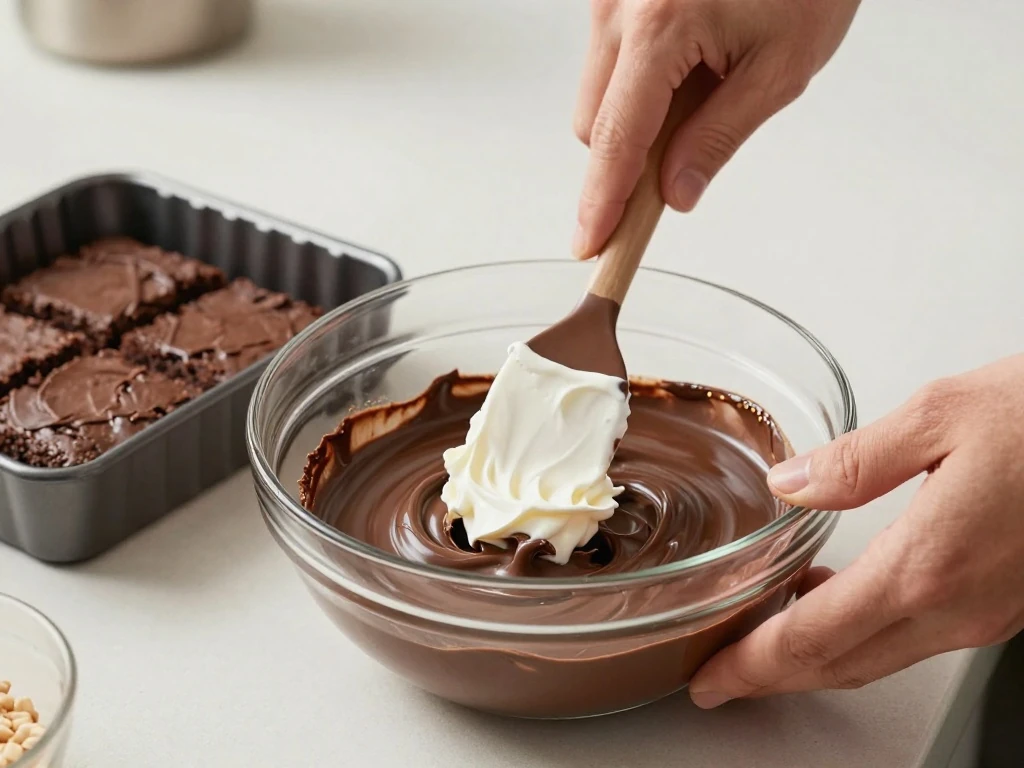 Whipped cream being folded into melted chocolate to make mousse