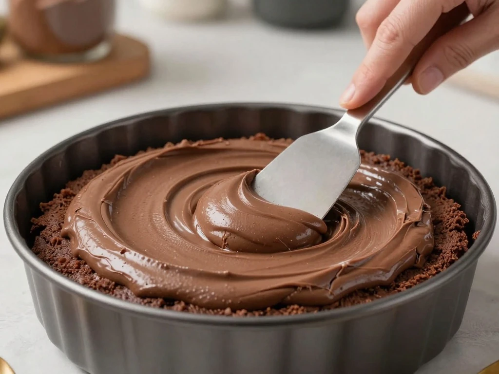 Silky chocolate mousse being spread over a brownie cake base