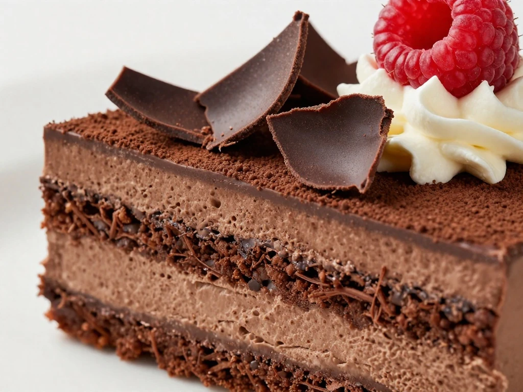 Close-up slice of chocolate mousse cake with chocolate shavings and berries