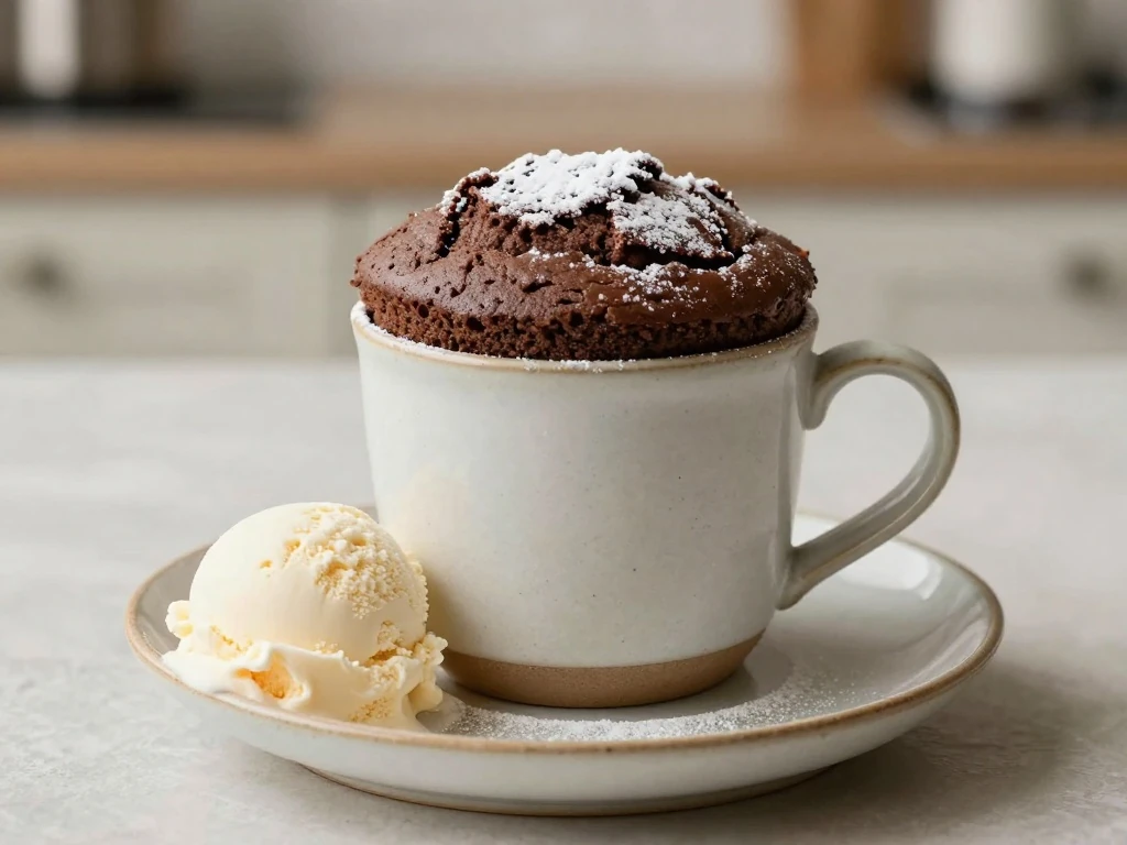 Warm chocolate microwave mug cake served with powdered sugar and vanilla ice cream