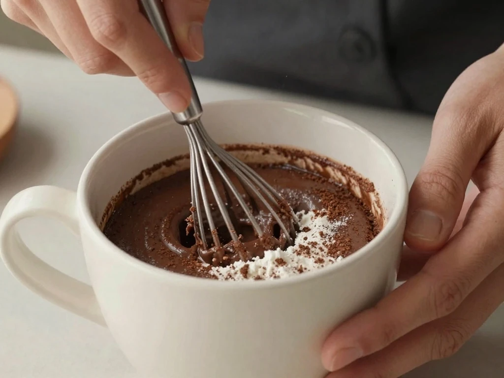 Mixing chocolate mug cake batter directly in a microwave-safe mug