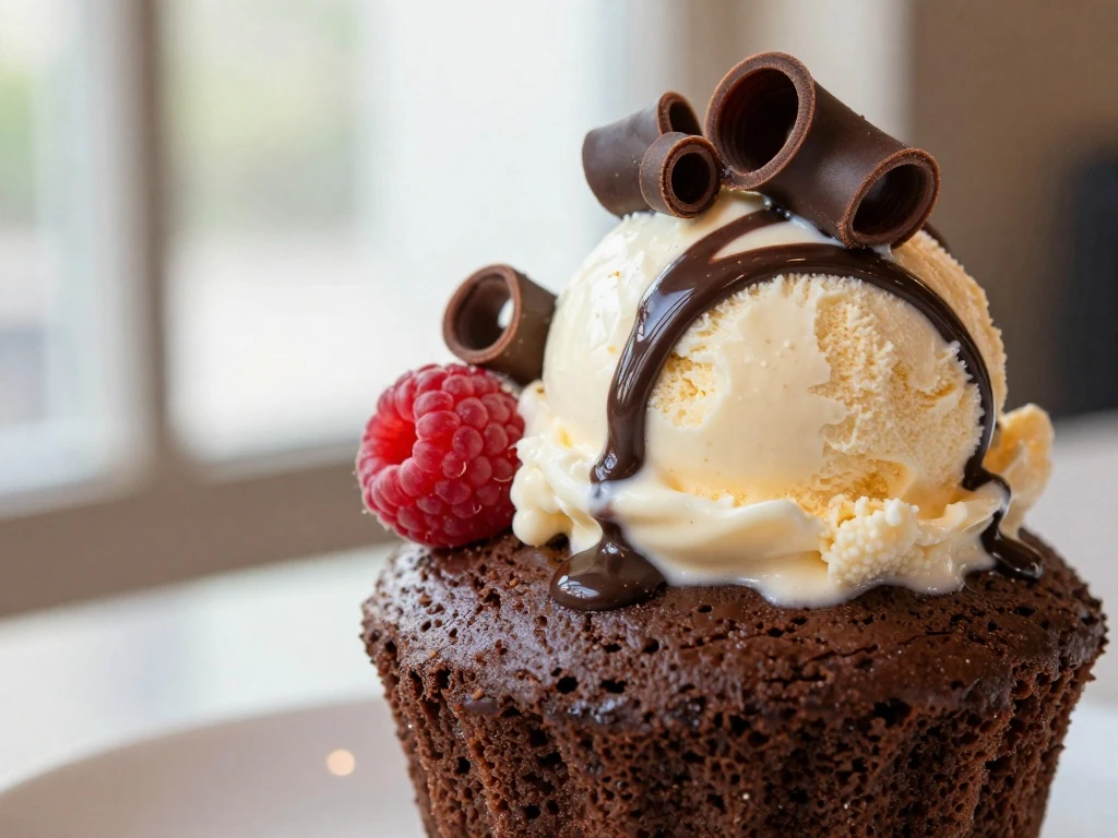 Chocolate mug cake with ice cream, chocolate sauce, and raspberries