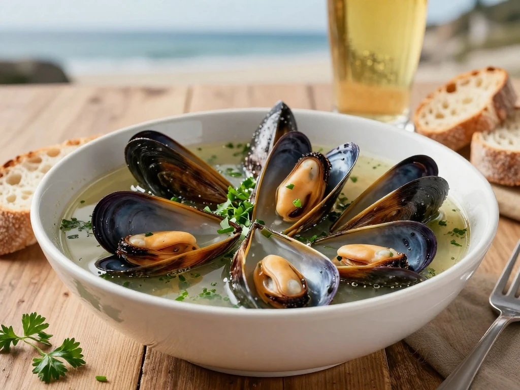Mussels cooked in lager served with crusty bread
