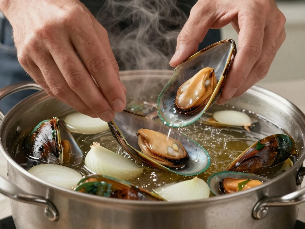 Mussels steaming in lager in a wide pot