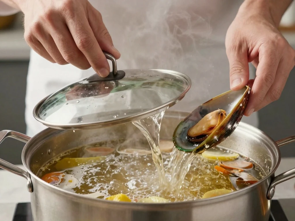 Wide pot of mussels steaming evenly in lager