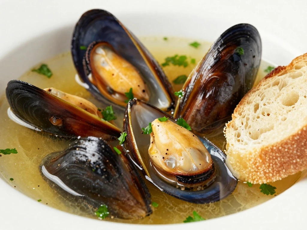Parsley-topped lager mussels with crusty bread
