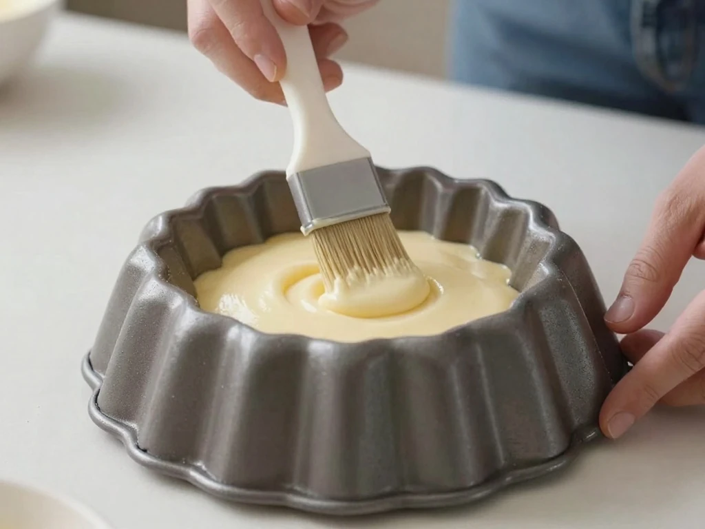 Brushing a thin layer of cake goop into a decorative pan
