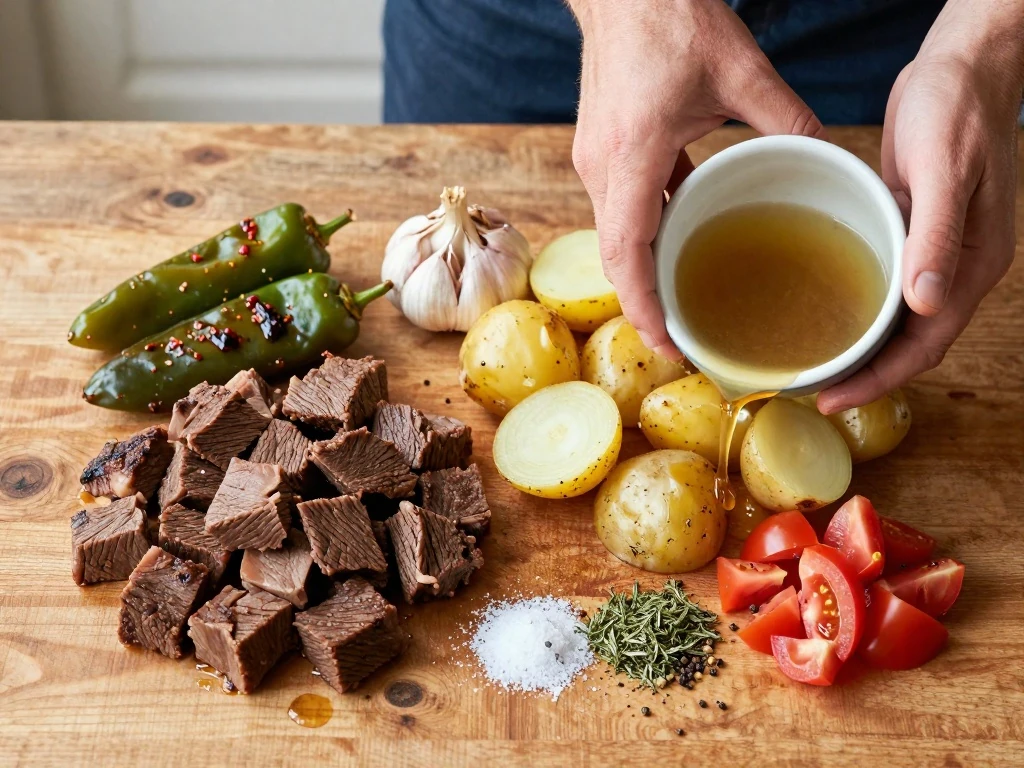 Ingredients for New Mexico beef and green chile stew arranged on a table