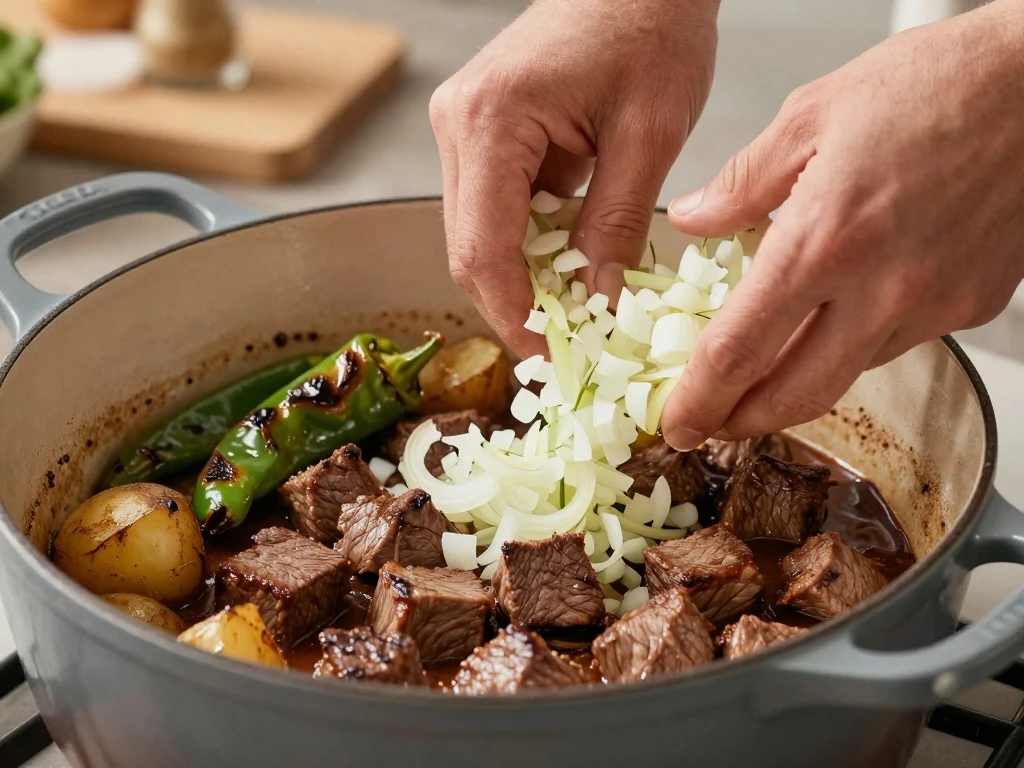 Beef browning in a Dutch oven for green chile stew