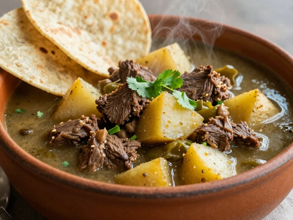 Bowl of New Mexico beef and green chile stew with tortillas and cornbread