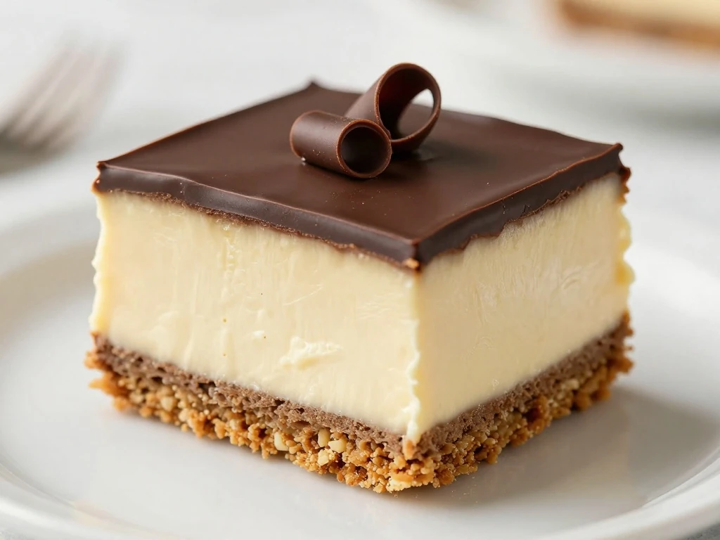 Slice of creamy no-bake chocolate eclair cake with chocolate topping
