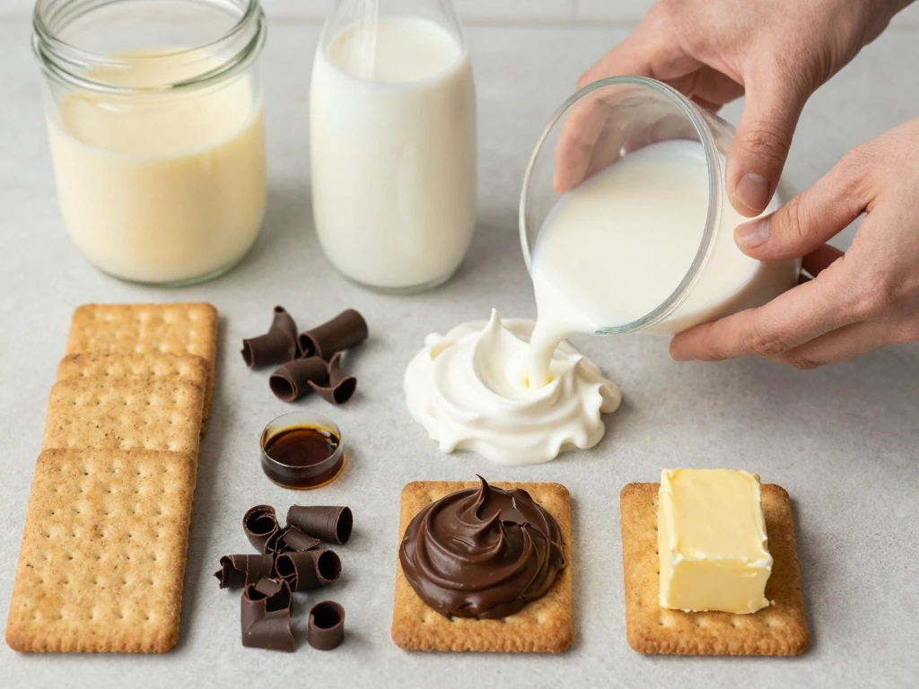 Ingredients for no-bake chocolate eclair cake arranged on a counter
