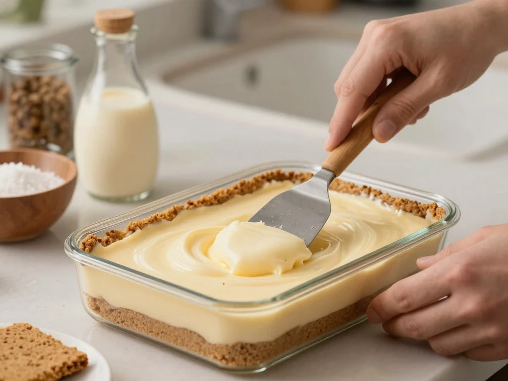 Assembling graham cracker and pudding layers for chocolate eclair cake