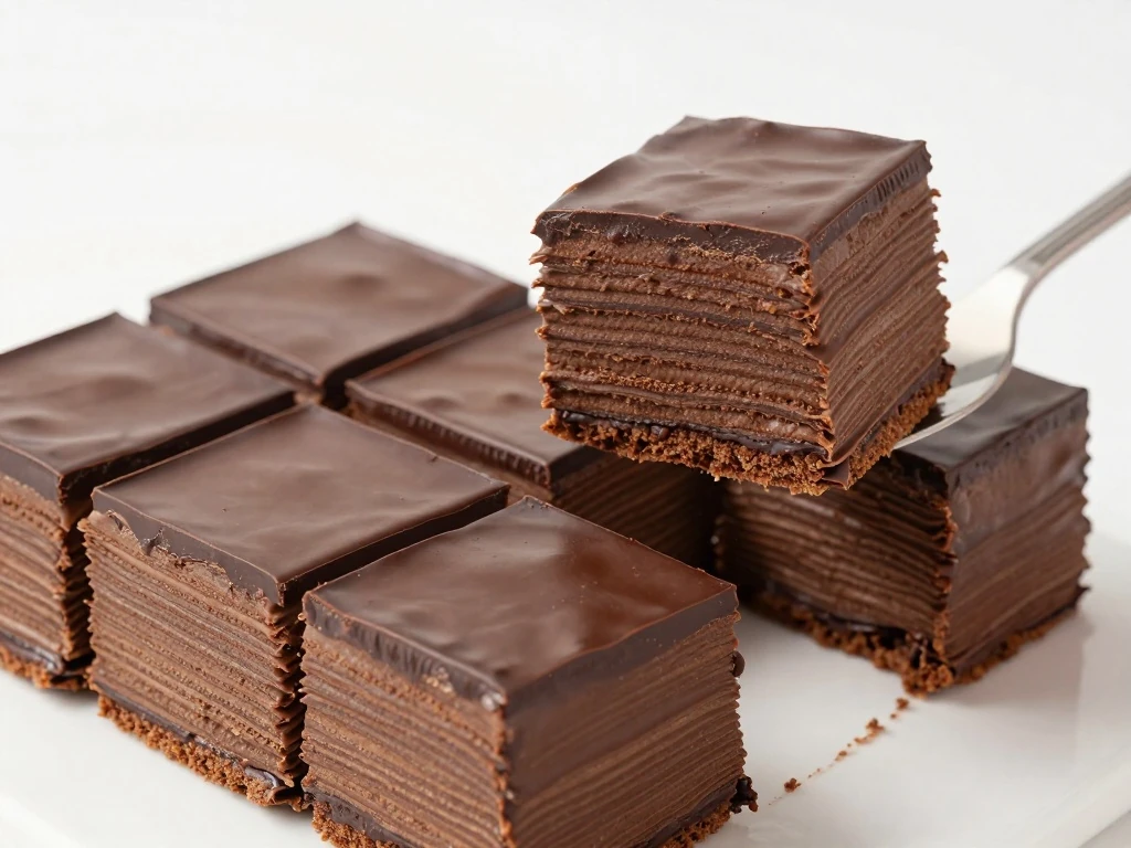 Chilled chocolate eclair cake cut into neat serving squares