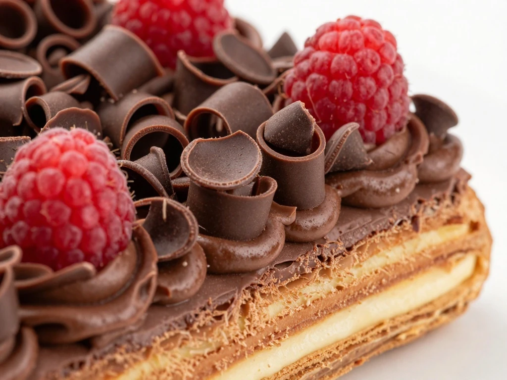 Chocolate eclair cake with chocolate curls and raspberry garnish