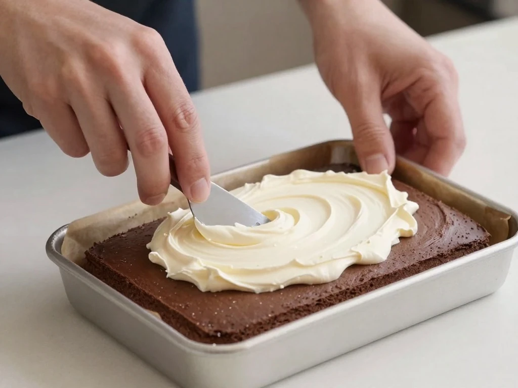 Spreading cream filling over a chocolate sheet cake