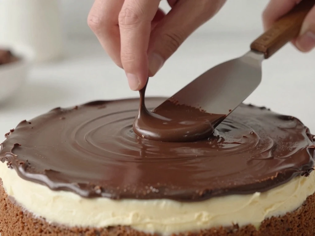 Spreading chocolate ganache over a Ho Ho cake