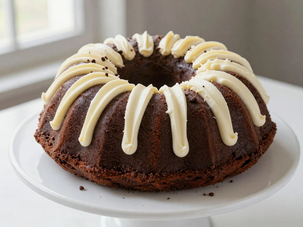 Chocolate Bundt cake with classic white cream-cheese frosting stripes