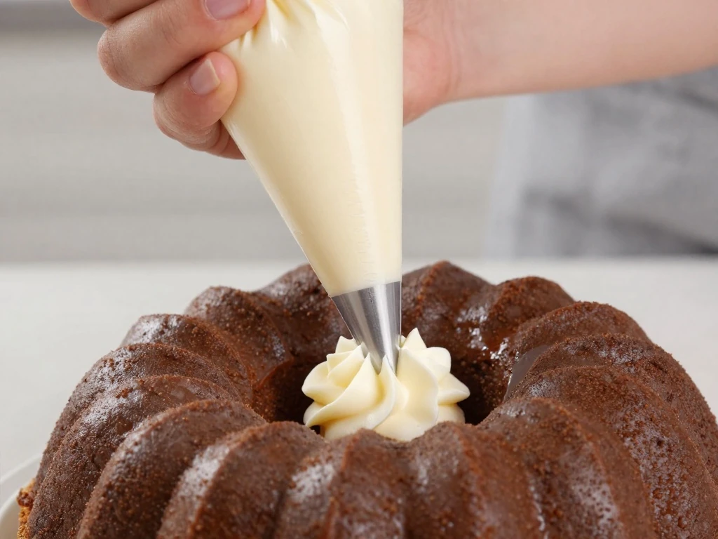 Piping vertical cream-cheese frosting stripes on a Bundt cake
