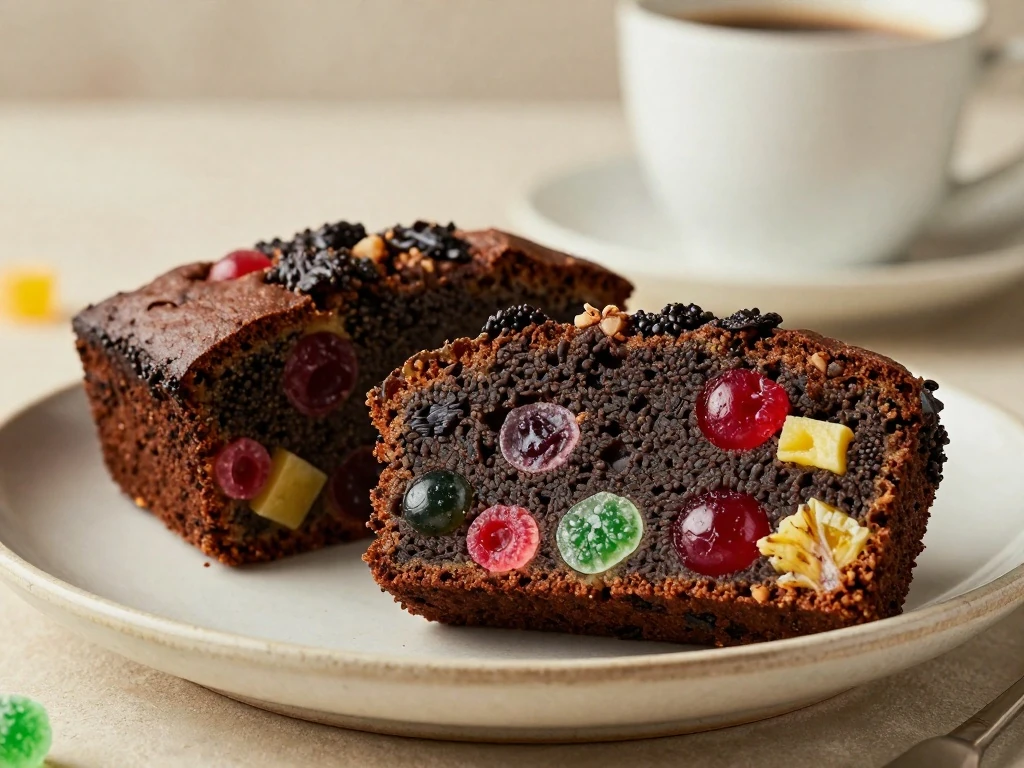 Slices of moist old fashioned fruit cake filled with candied fruit and nuts